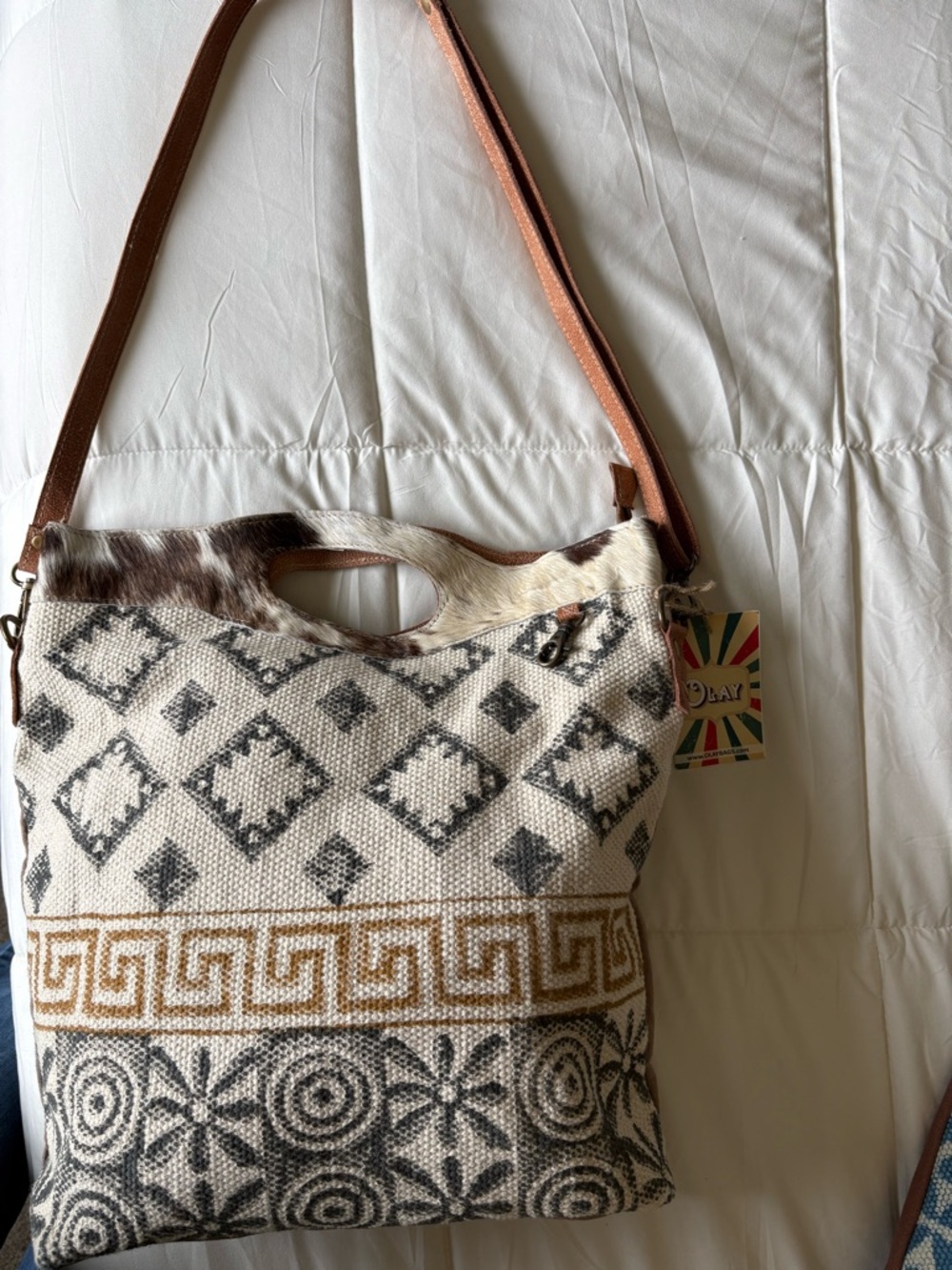 Boho Patterned Tote Bag with Leather Strap and Cowhide Trim